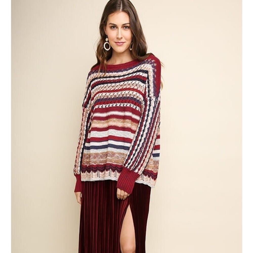 Umgee Striped Knit Sweater Oversized Cozy Pullover Size L - Picture 1 of 11